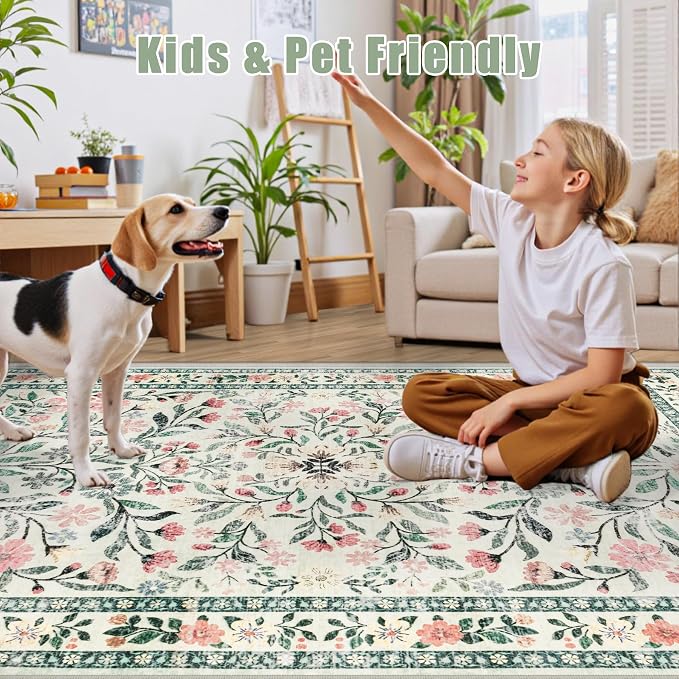 PLHXFR 3x10 Washable Runner Rug：Floral Indoor Kitchen Carpet Green Beige | For Hallway Bedroom Kitchen Laundry Bathroom Dorm,Vintage Floral,Machine washable,Non Slip,Stain Resistant,Indoor Floor