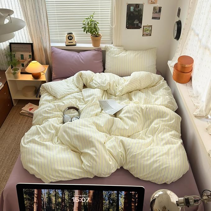 mixinni Pastel Yellow Lavender Striped Twin XL Duvet Cover Set, Soft Premium Washed Microfiber Aesthetic Stripes Comforter Cover with Hidden Zipper & Corner Ties, 3 Piece Sweet Teen Bedding for Girls
