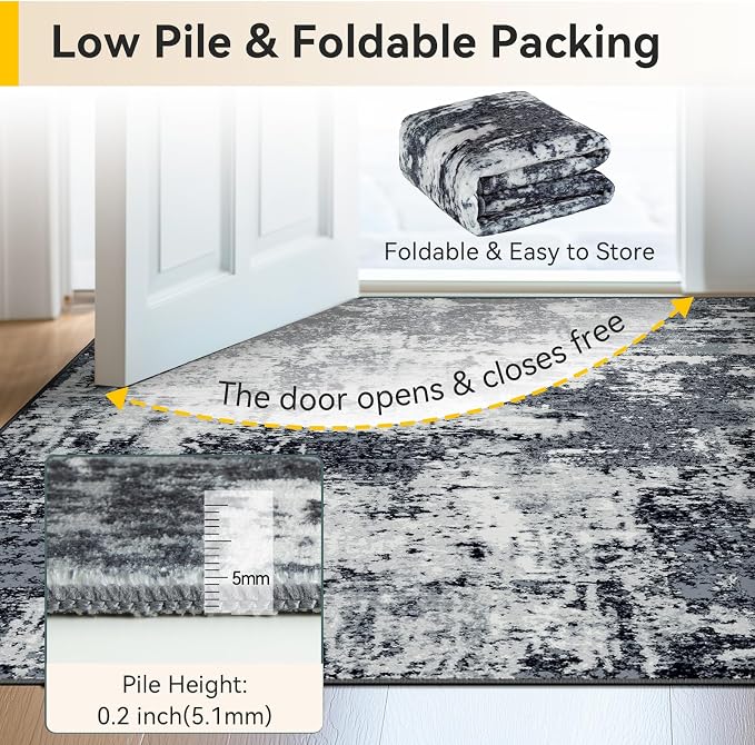 RELEANY Washable 6'x9' Abstract Area Rug for Living Room Black White | Carpet for Bedroom, Kitchen, Office, Hallway and Entryway, Printed Pattern, Non‑Slip, Soft, Stain‑Resistant, Easy to Clean