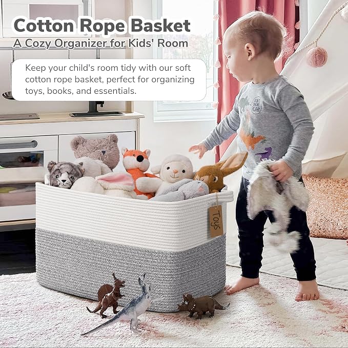 Goodpick 75L Extra Large Woven Rope Blanket Basket, Rectangle, Light Gray | 22" × 17" × 12" Decorative Storage Basket for Pillows & Clothes, Fits Bedroom & Nursery Organization, Reinforced Handles