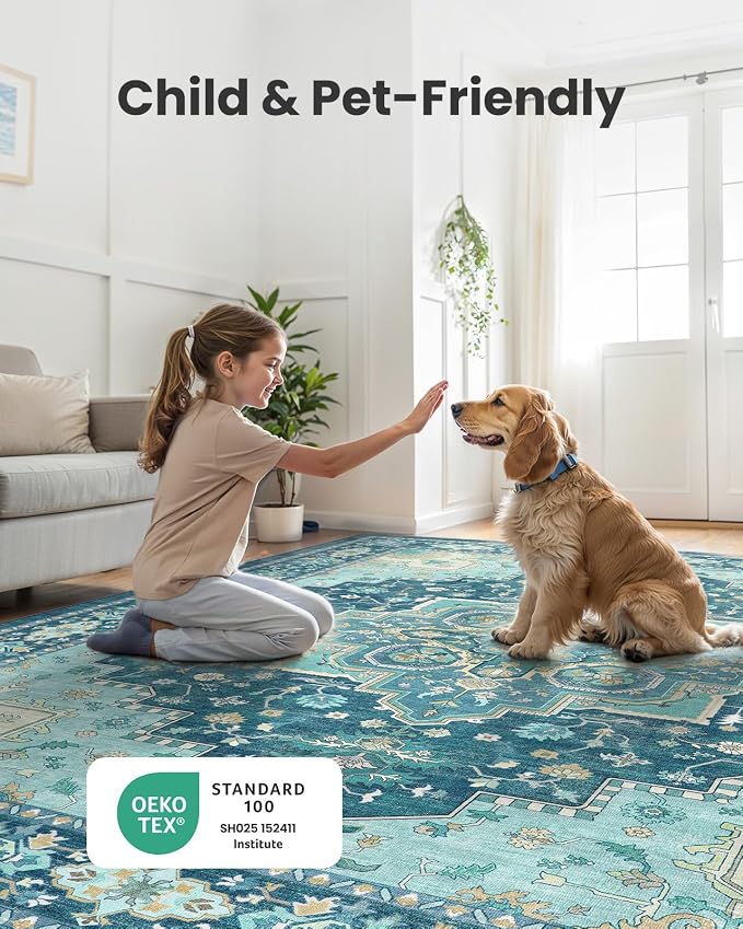 AMADA HOMEFURNISHING 8x10 Area Rug for Living Room, Vintage Washable Area Rug Low-Pile & Non-Slip Carpet for Bedroom Dining Room Nursery Home Office, Teal Blue