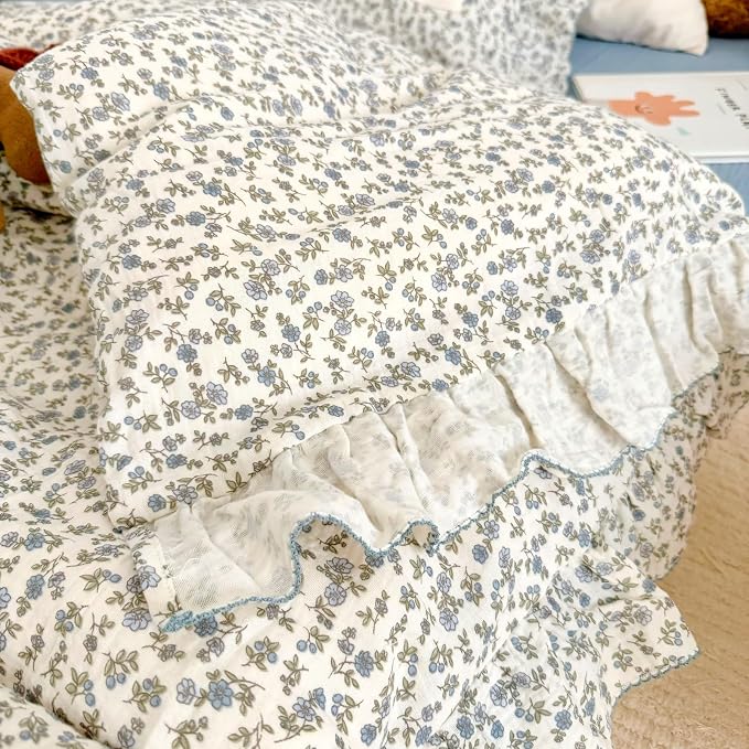 Blue Floral Toddler Kids Duvet Cover for Girls Boys 100% Cotton Muslin Quilt Cover for Toddler Bed Vintage Flower Design Duvet Cover with Ruffles, 47"x59", Pillow Case Not Included