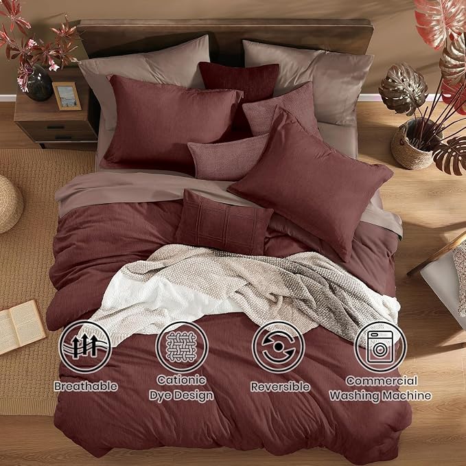 Monbix California King Comforter Set 7 Pieces Dark Red Bed in a Bag | Cationic Dyeing Reversible All Season Bedding Sets with Comforter, Sheets, Pillowcases & Shams