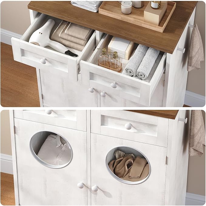 HOOBRO Double Laundry Hamper Cabinet, Hidden Laundry Cabinet with 2 Drawers & 2 Baskets, 20 Gallon Farmhouse Bathroom Laundry Hamper with 2 Clothes-Toss Holes, White and Dark Walnut WHZ36XY01