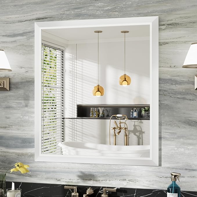 Bathroom Wall Mirror, White Metal Frame, 36x32 Inch | Anti-rust, HD tempered glass, for bathroom vanity, bedroom, living room, horizontal or vertical mount