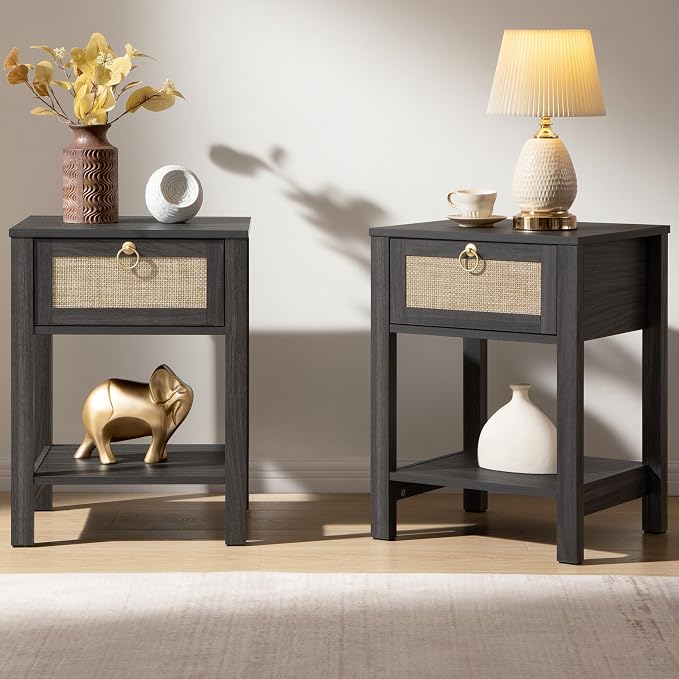 SICOTAS Rattan Nightstand Set of 2 with Storage Shelf, Boho Bedside Tables | Night Stand Set of 2 with Rattan Drawer, Boho End Tables with Storage for Bedroom, Guest Room, Apartment, and Small Spaces