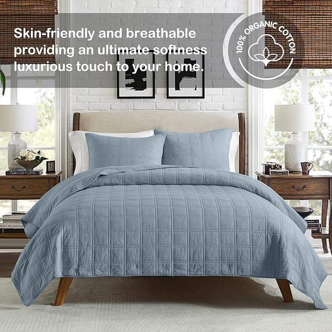 HORIMOTE HOME 100% Cotton Quilt Set Twin Size, Adriatic Blue Pre-Washed Bedspreads Coverlet Set in Geometric Pattern, Cozy Lightweight Stitching Decorative Bedding Cover with 1 Sham for All Season