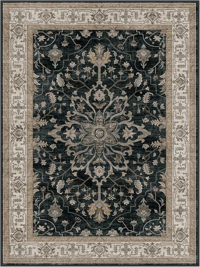 RELEANY Washable Area Rug, 6'x8', Black/Vintage/Beige | Non-Slip, Water Repellent, Pet Friendly, Easy to Clean, Vintage Floral Boho Decor for Living Room Bedroom Dining Room Office