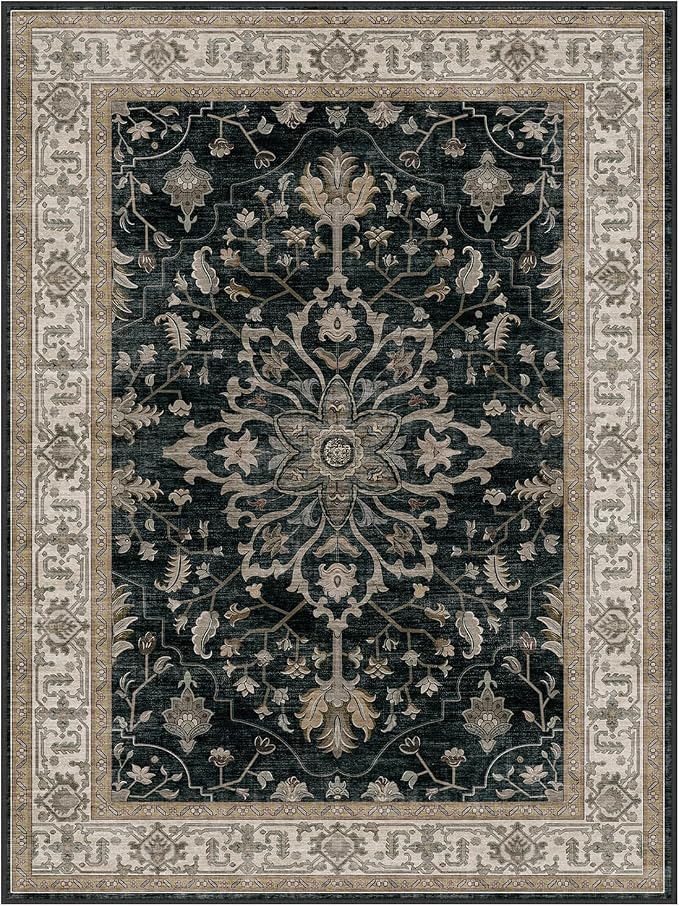 RELEANY Washable Area Rug, 4'x5', Black/Vintage/Beige | Non-Slip, Water Repellent, Pet Friendly, Easy to Clean, Vintage Floral Boho Decor for Living Room Bedroom Kitchen Office