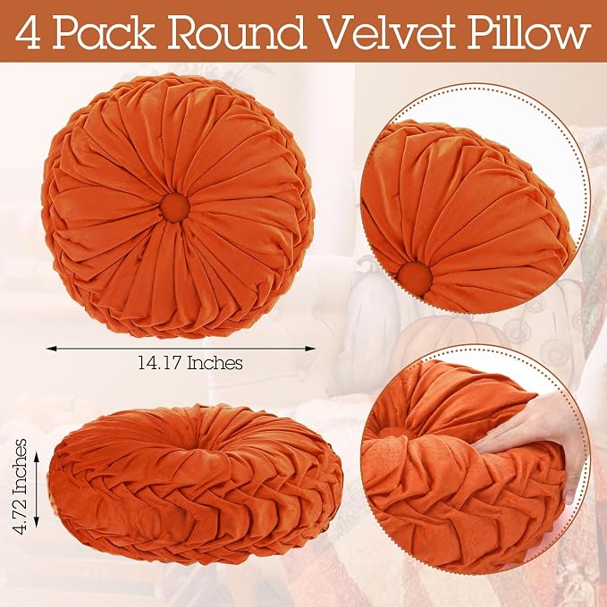 Kathfly 4 Pcs Decorative Round Pleated Throw Pillows, Classy Velvet Pumpkin Round Throw Pillows, Decorative Floor Pillow for Bed Chair Home Sofa Decor, 14" Diameter (Cream,Burnt Orange)