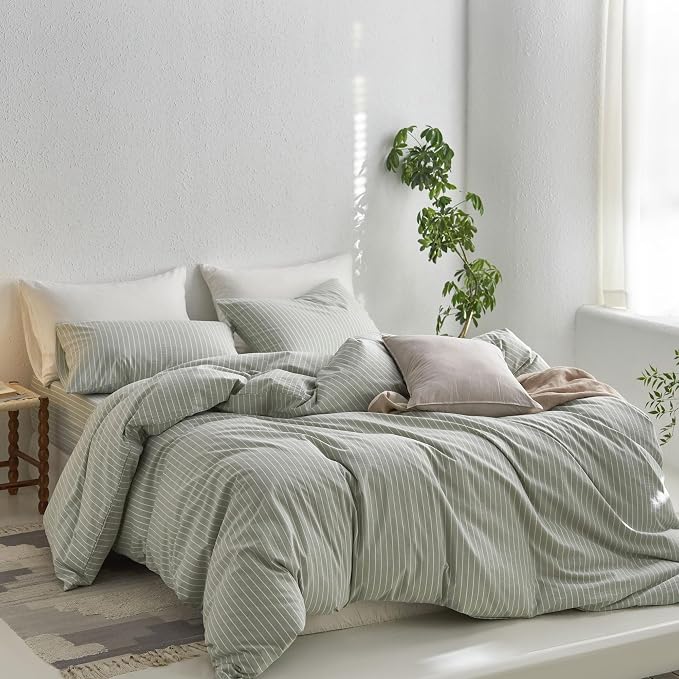 MooMee Striped Duvet Cover Set 100% Washed Cotton Linen Like | Relaxed Linen-like Texture. Soft, Breathable & Long-lasting Comfort. Lightweight. Hidden Zipper with 8 Interior Corner Ties
