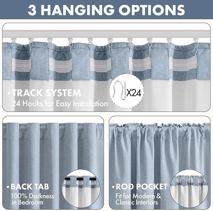 MIULEE 100% Blackout Linen Curtains for Bedroom 40W x 96L Light Blue | 2 Panels, 96 inches Long, Thermal Insulated, Room Darkening, Black Out Drapes for Living Room, Back Tab Rod Pocket