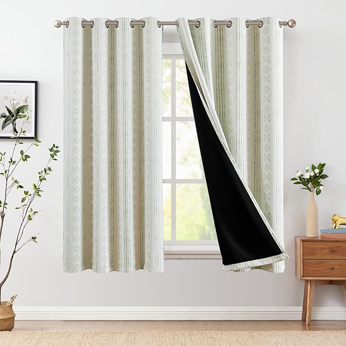 jinchan Boho Blackout Curtains 63 Inch Length for Bedroom Living Room | Sage Green on Beige Geometric Printed Grommet Curtains Room Darkening Thermal Insulated Window Treatments 2 Panels