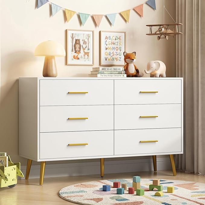 White 6 Drawer Dresser for Bedroom, 47" Wood Dresser with Gold Handles. | Modern Dressers & Chests of Drawers for Living Room, Hallway, Entryway.