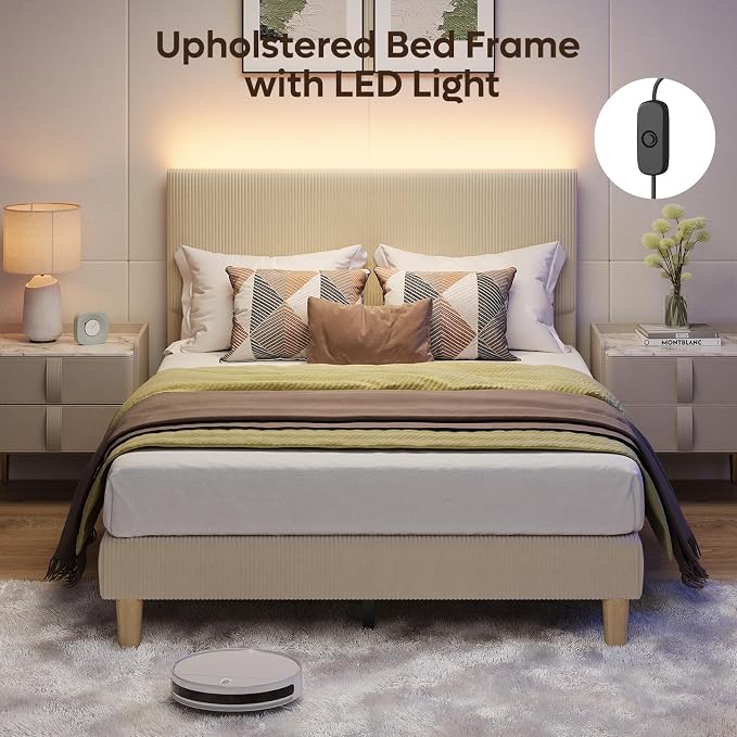 Bestier Full Size Bed Frame with Adjustable Headboard,LED Light,Taupe | Wood Slats Support,Easy Assembly,LED Lighting Headboard,No Squeaks,Vertical Channel Corduroy Upholstered,No Box Spring Needed