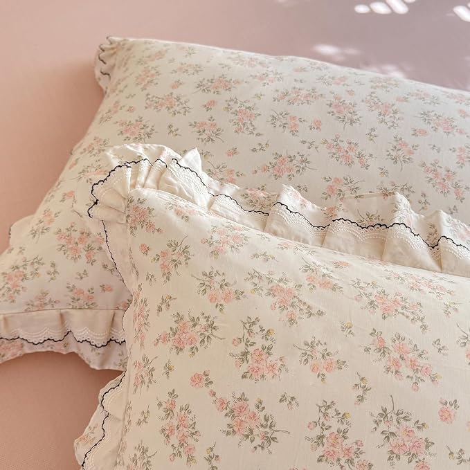 mixinni Shabby Chic Floral Duvet Cover Set Twin, 100% Cotton Cottagecore Bedding with Double Ruffle Lace Trim, Reversible Pink Rose Flower Vintage Farmhouse Comforter Cover with Zipper & Corner Ties