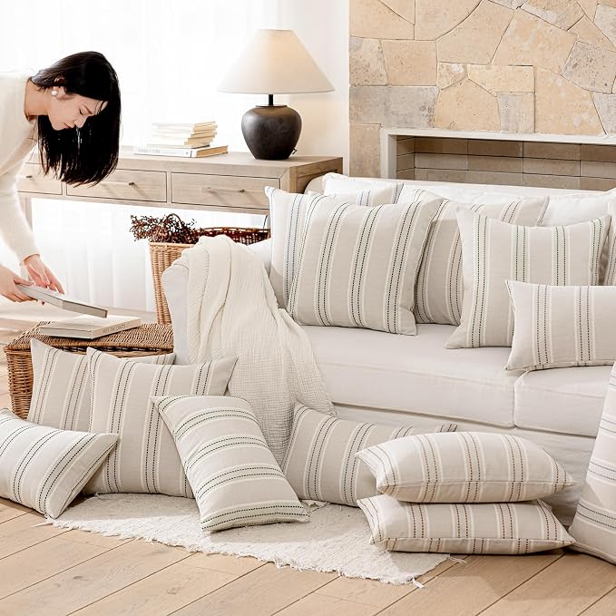 Hckot Dusty Blue Throw Pillows Covers 20x20 Linen Stripe Pillow Covers | Set of 2 Farmhouse Decorative Pillows Textured Square Cushion Covers for Sofa Couch Bed Living Room Decor