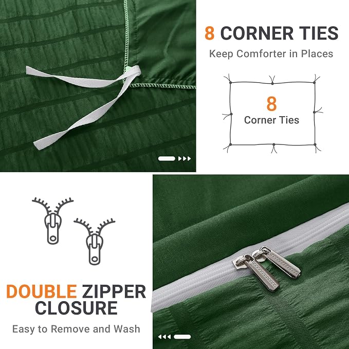 HYMOKEGE Dark Green Twin Size Duvet Cover, Ultra Soft 2-Piece Seersucker Duvet Cover Set with Zipper Closure, Soft Brushed Microfiber Bedding Set with 8 Corner Ties (68"x90", 1 Pillowshams)