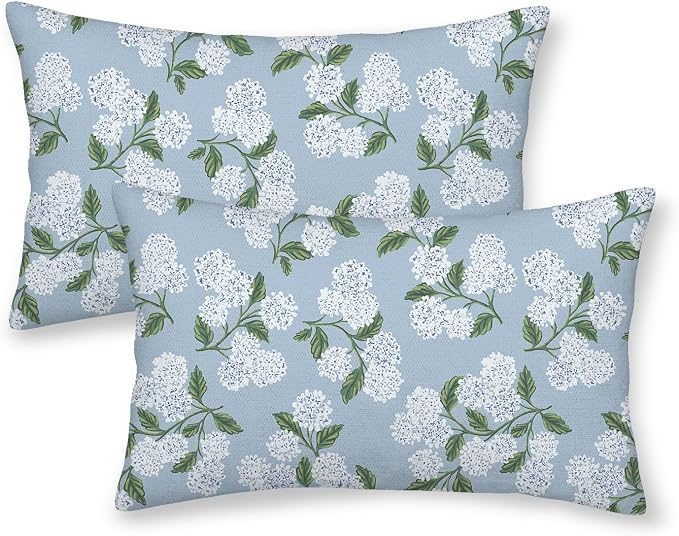 Light Blue Pillow Covers 12x20 Inch 2 Pcs Blue Green Hydrangea Flower Decor Throw Pillows Vintage Floral Seasonal Spring Summer Outdoor Decoration Pillowcase Linen Cushion Cover for Couch Sofa