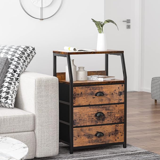 Furnulem Nightstand with 3 Fabric Drawers, Small Bedroom Storage Cabinet | Rustic Brown Dorm Night Stand, Small Dresser Organizer Storage Tower for Closet,Living Room, Bedside Table with Metal Frame