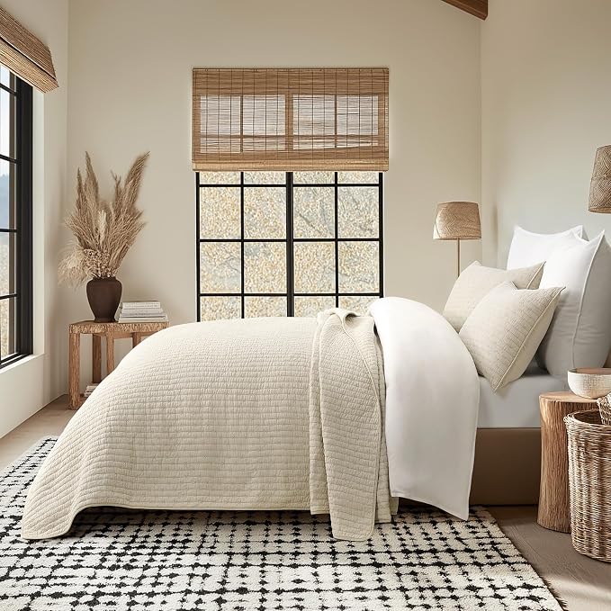 100% Cotton Cross Stitch 3-Piece Quilt Set, 118"x106", Flax Beige | Cross Stitch Cotton Quilt, Pre-Washed Bedding Set, Oversized Lightweight Bedspread Coverlet, for All Season, with 2 Shams