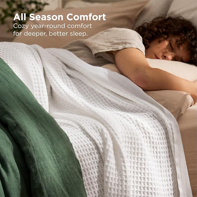 Bedsure 100% Cotton Blanket Queen Size for Bed - Cooling Breathable and Soft for Summer, Thick Cozy Waffle Weave Blanket Gifts for Women, White, 90x90 Inches (Pack of 3)