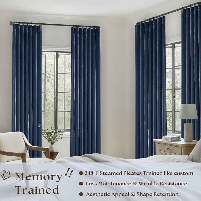 Indigo Navy Pleated Linen Blackout Curtains 90 Inches Long for Bedroom | 100% Black Out Thermal Insulated, Pinch Pleat with Ring Hooks Back Tab, Room Darkening Drapes with Liner, for Living Room