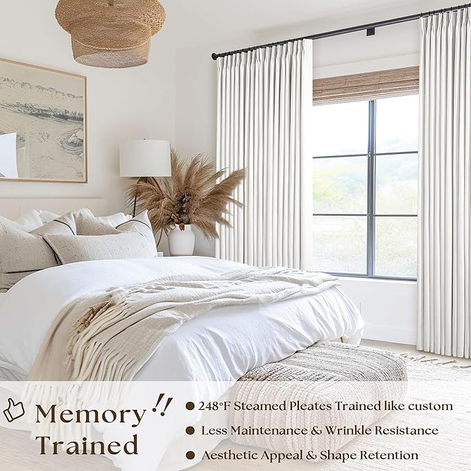 Beige White Pinch Pleated 100% Blackout Linen Curtains W60xL102 1 Panel | Black Out with Liner, Memory Trained, Pinch Pleat with Back Tab, Energy Efficient, Thermal Insulated Window Drapes 1 Panel