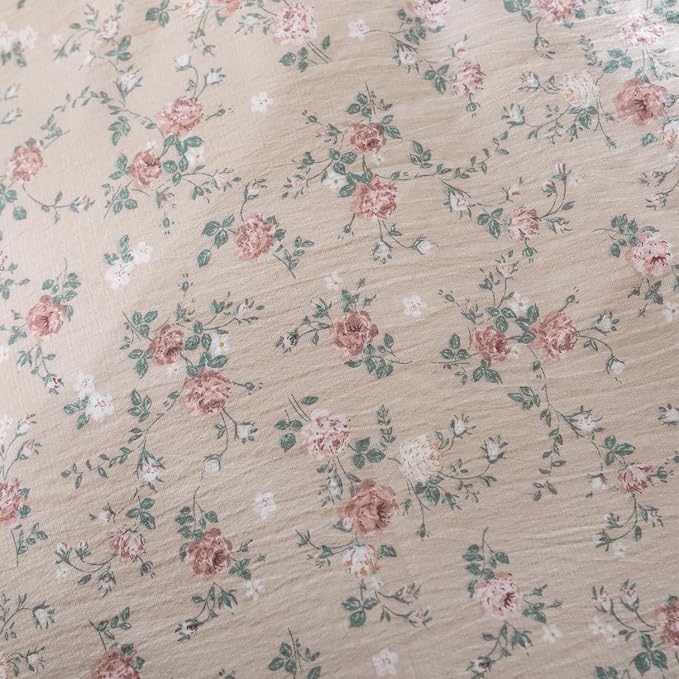King Size Comforter Set Floral Soft 3 Pieces Chic Crinkle Gauze Fabric Garden Style Vintage Floral Print Botanical Comforter for All Seasons Luxury Warmth Comfy Breathable with 2 Pillowcases