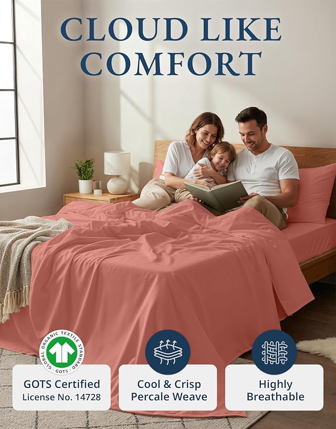 LANE LINEN Twin Sheets 100% Organic Cotton Percale Cooling Soft - Rose Dawn | 100% Organic Cotton Percale Twin Sheet Set - Easy-Care Machine Washable, Breathable For Year-Round Sleep, For Hot Sleepers
