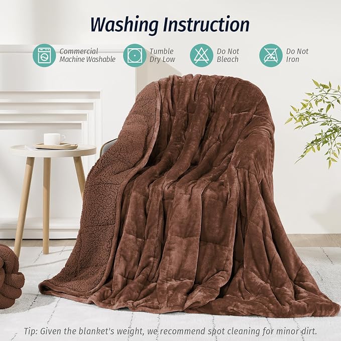 Sherpa Fleece Weighted Blanket for Adult 15 lbs Queen 60"x80" Brown | Boost Sleep Quality, Relax Body & Mind, Dual Sided Cozy Fluffy Heavy Blanket, Plush Flannel Top, Chunky Fluffy, Warm Hug