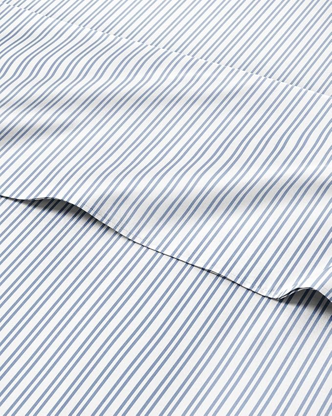 King 4 Piece Striped Sheet Set - Breathable & Cooling - Blue Double Stripes | 1 Flat, 1 Fitted & 2 Pillowcases w/ Deep Pockets, Luxury Striped Bedding, Soft, Breathable & Cooling, Wrinkle & Fade Free