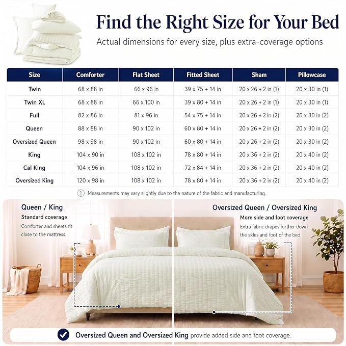 California King Comforter Set 7-Piece Ivory Seersucker Bed in a Bag | OEKO-TEX Certified, Cal King Bedding Sets with 240 GSM Down Alternative Comforter, Flat & Fitted Sheets, Pillowcases & Shams