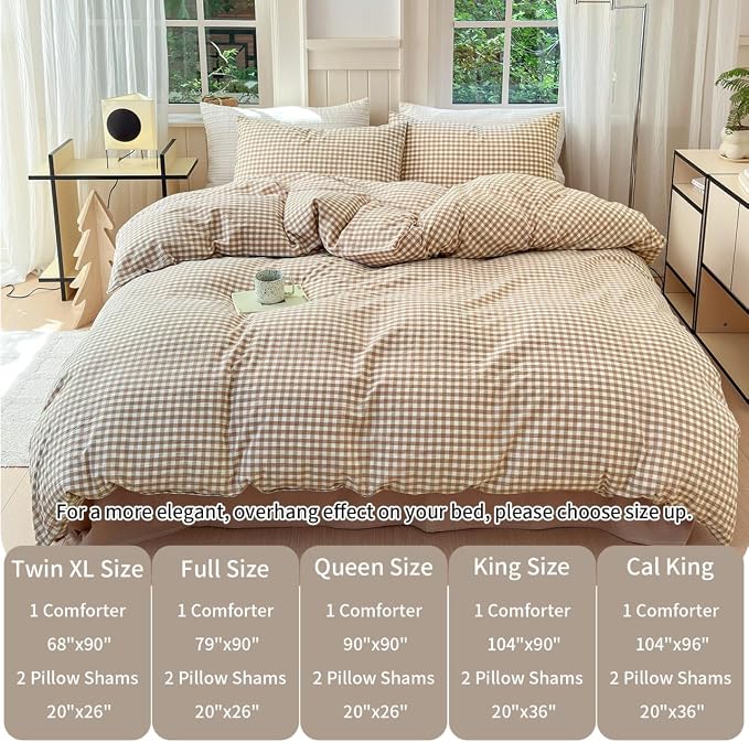 LifeTB Tan Gingham Comforter Set California King Modern Plaid Comforter Set | 3 Pieces Beige Grid Comforter with 2 Pillowcases Soft Fluffy Checkered Grid Pattern Gingham Bedding Set for All Seasons