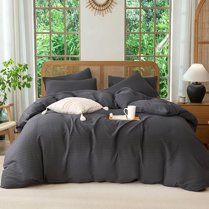 Comforter Set King Dark Grey Soft Luxury Washed Microfiber Jacquard 3 Pieces Bedding, Grey Vertical Ticking Stripes Comforter with 2 Pillowcases Breathable Durable Comfy