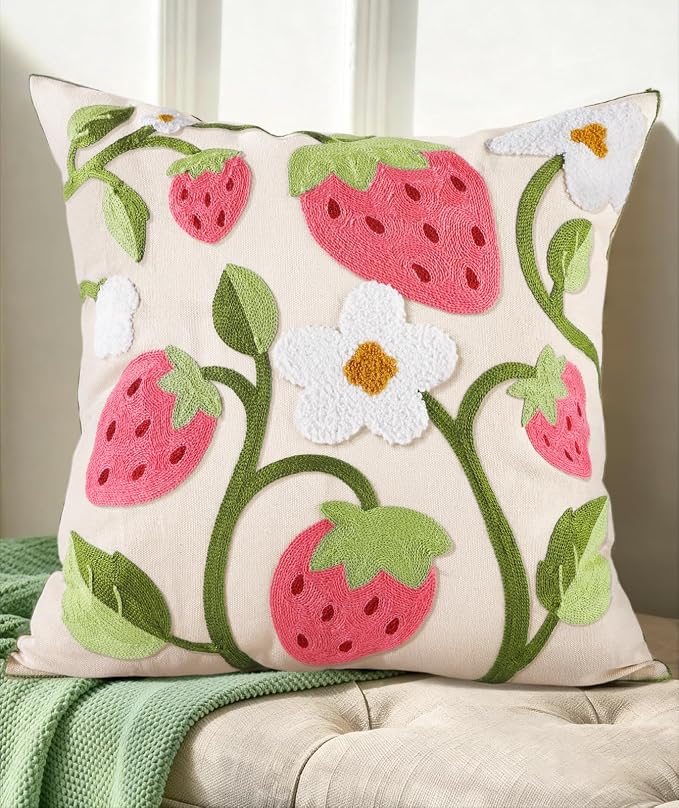 Embroidered Throw Pillow Cover 18x18 Inch, Branch Strawberry | Decorative Pillow Cover, Cottagecore Cushion Case with Hidden Zipper, Farmhouse Decor for Couch, Sofa, Living Room, Bedroom
