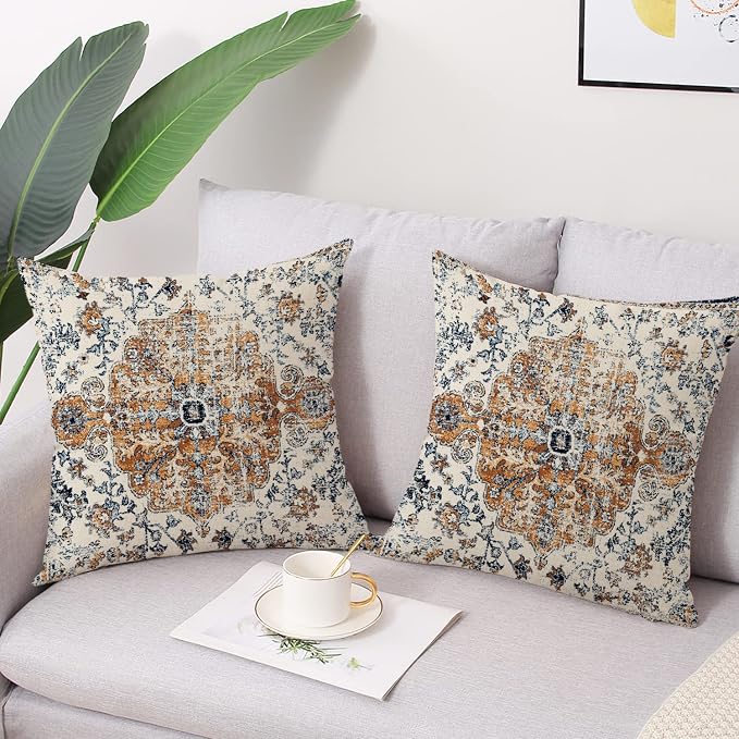 Outdoor Waterproof Pillow Covers 16x16 Inch Set of 2 - Bohemian Vintage Carpet Pattern Gold Blue Ethnic Design Decorative Farmhouse for Couch Garden Balcony（40cmx40cm）