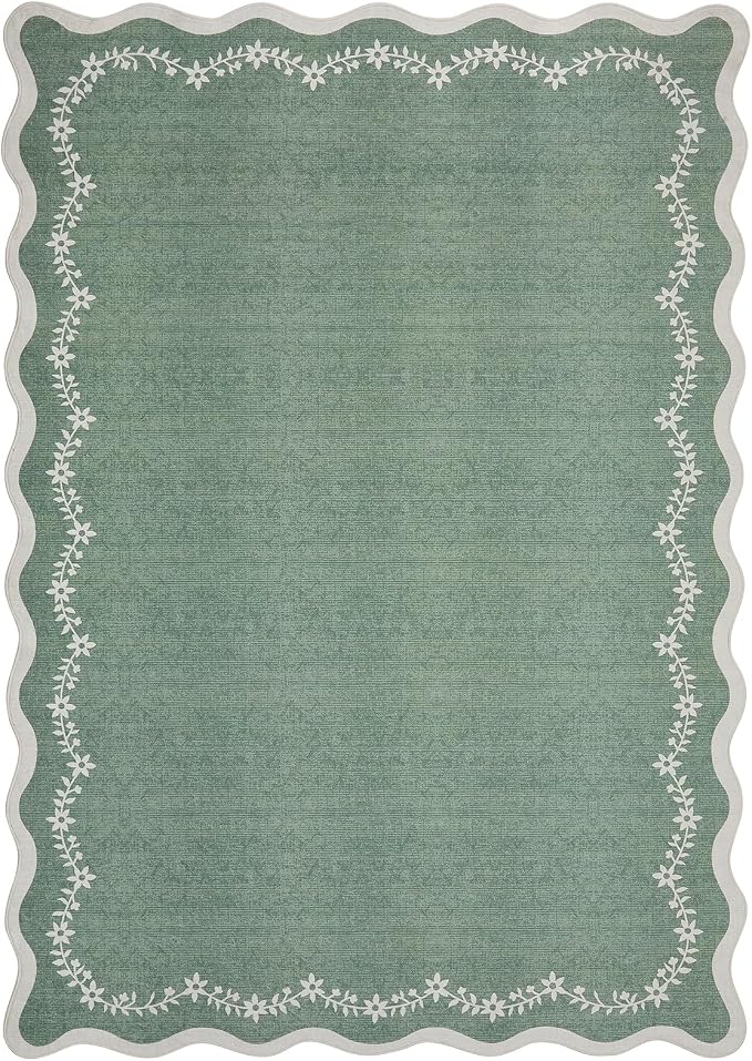 GarveeHome 5x7 Scalloped Area Rug Sage Green Washable Living Room Rug | Soft Floral Low Pile Non Slip Accent Floor Mat Solid Print Throw Rug Indoor Carpet for Bedroom Dining Room Dorm Playroom