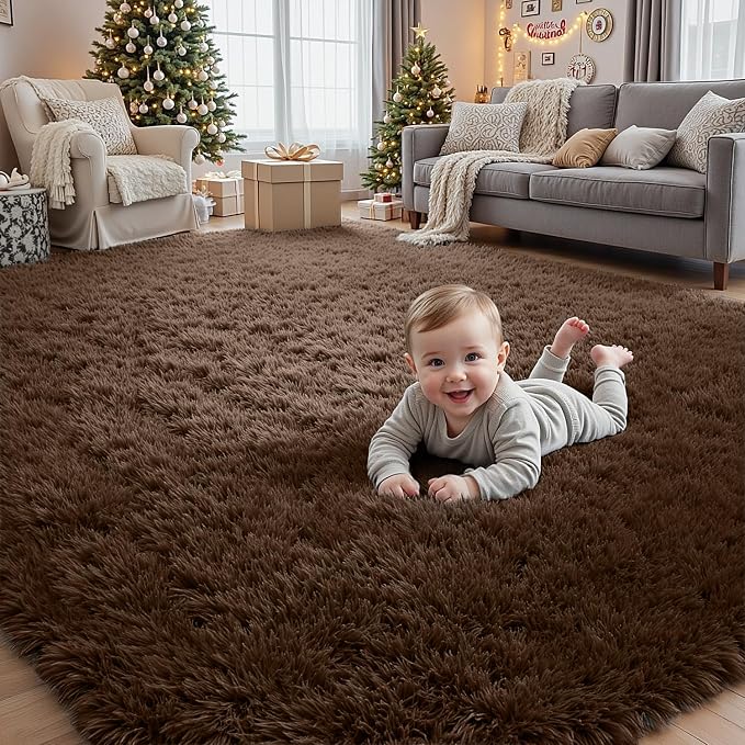 6x9 Fluffy Shag Area Rugs for Living Room Bedroom: Soft Plush Carpet Brown | Upgraded Non-Slip Thick Memory Foam, Ultra Soft, Non-Shedding Fuzzy Carpet, Easy Clean Decor for Kids Room, Nursery, Playroom
