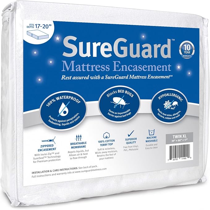 Twin XL (17-20 in. Deep) SureGuard Mattress Encasement - 100% Waterproof, Bed Bug Proof, Hypoallergenic - Premium Zippered Six-Sided Cover | Six-Sided Waterproof, Bed Bug Proof, Hypoallergenic Dust Mite Mattress Cover, Soft Noiseless Breathable Cotton ...