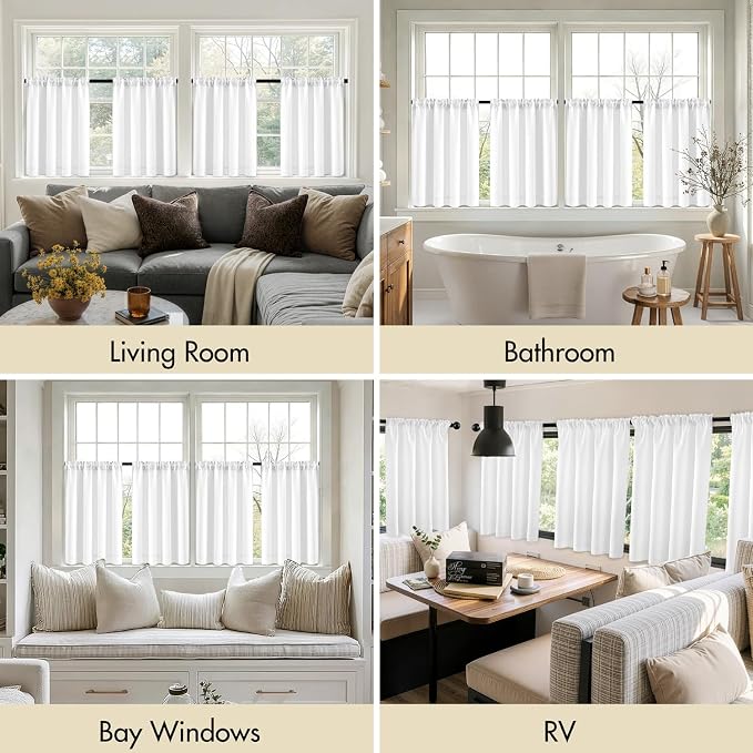 MIULEE 4-Panel 36 Inch Blackout Kitchen Tier Curtains Over Sink Pure White | Privacy Protection, Heat/Light Blocking, Cafe Curtains, Top&Bottom Rod Pocket, Suitable for Small Windows, Soft&Durable