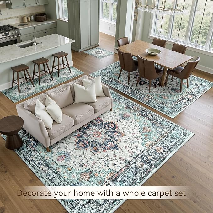 RELEANY Washable Area Rug, Large 9'x12', Teal Green/White/Navy | Non-Slip, Water Repellent, Pet Friendly, Easy to Clean, Vintage Floral Boho Decor for Living Room Bedroom Dining Room