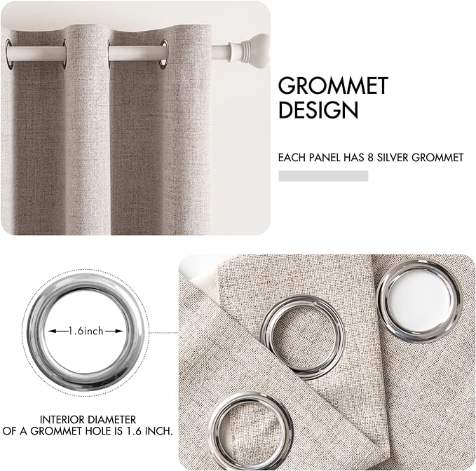 MIULEE 100% Blackout Linen Curtains for Bedroom 42x90 Inches Khaki | Room Darkening, Light Blocking, Thermal Insulated, Grommet Top, Linen Textured, Window Curtains for Living Room, 2 Panels