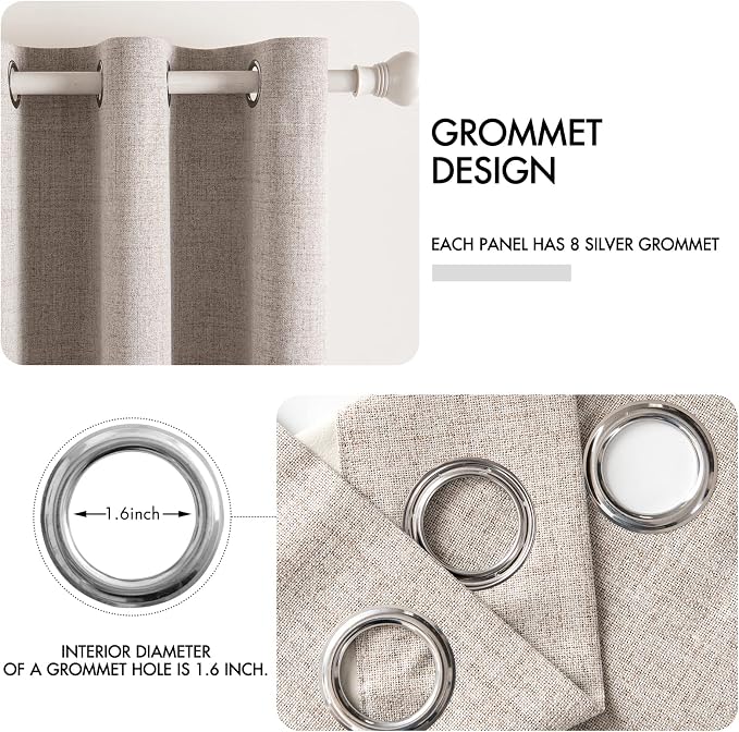 MIULEE 100% Blackout Linen Curtains for Bedroom 52x120 Inches Khaki | Room Darkening, Light Blocking, Thermal Insulated, Grommet Top, Linen Textured, Window Curtains for Living Room, 2 Panels
