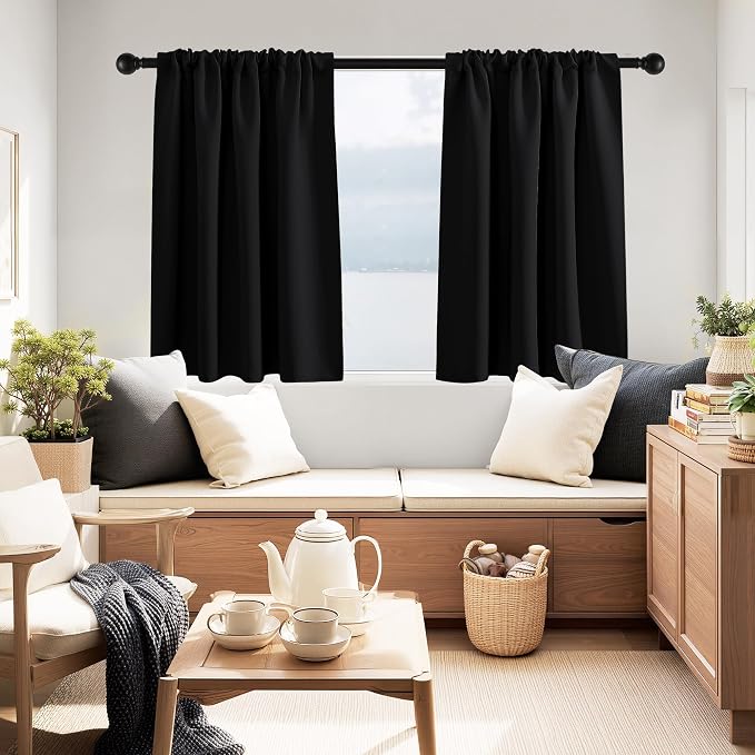 PONY DANCE Short Blackout Kitchen Curtains 36 inch Length, Black, 2 Panels | Half Window Cafe Panles, Black Out RV Bunk Drapes, Thermal Insulated Small Curtains for Basement&Camper, W42 x L36 inches