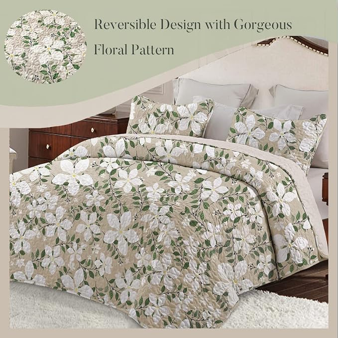 Whale Flotilla California King Size Quilt Set, Soft Floral Leaf Bedspreads | Reversible Lightweight Oversized Quilt Bedding Set for Bed, White Bone Printed Coverlets with 2 Pillow Shams for All Seasons