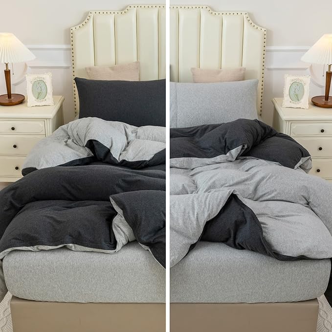 PURE ERA Jersey Knit Sheet Set Heather Charcoal Grey/Grey King | 100% Cotton, 3 Piece Set, T Shirt Soft, Breathable, Envelope Closure Pillowcases, Hidden Zipper, 8 Ties, No Insert, Modern