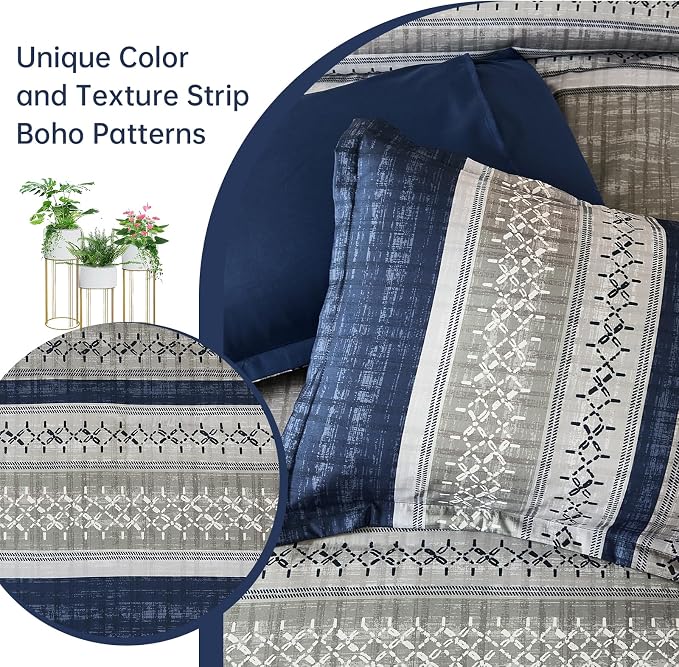 Dintszyayue Blue King Comforter Size Set, 8 Pieces Boho Grey Striped Texture Bed in a Bag Sets, Lightweight Soft Bohemian Comforter and Sheet Set, All Season Microfiber Bedding Sets for Men Women