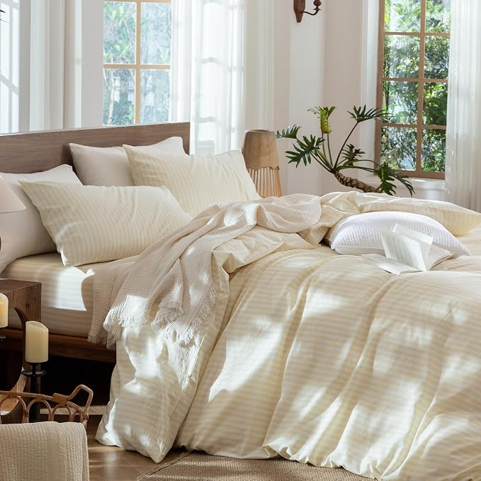 MooMee Striped Duvet Cover Set 100% Washed Cotton Linen Like King | Relaxed Linen-like Texture. Soft, Breathable & Long-lasting Comfort. Lightweight. Hidden Zipper with 8 Interior Corner Ties