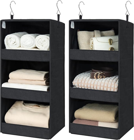 GRANNY SAYS 3-Shelf Hanging Closet Organizer, Foldable Storage, Black | 33 lb Capacity, No-Sag Support, Keeps Clothes Neat, Folds Flat, Fits RV, Dorm & Small Closets, 2 Pack